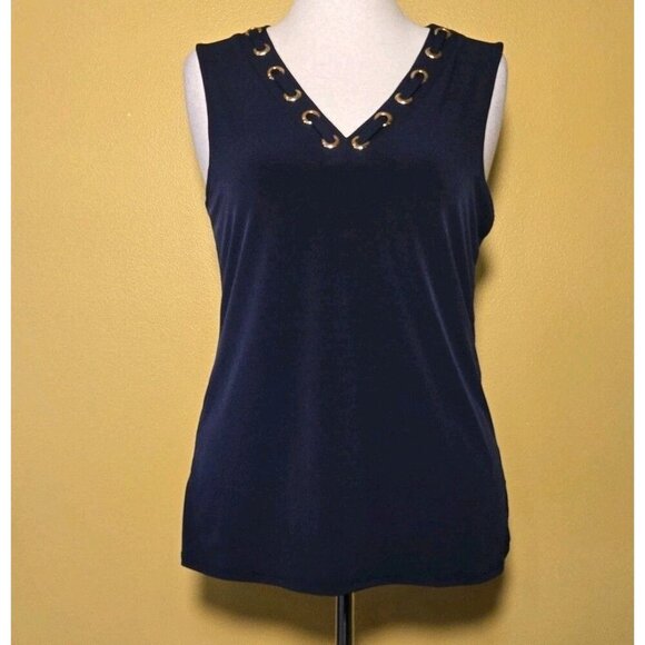 Carmen Marc Valvo Women L Night Life Navy V Neck Gold Rings Sleeveless Coastal E - Picture 1 of 8